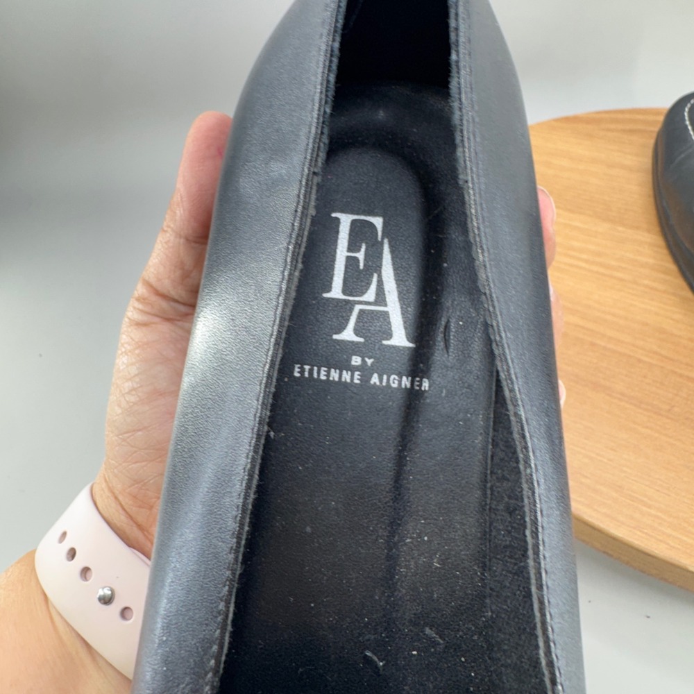 Etienne Aigner Loafers 9.5 Black Square Toe Leather Buckle 90s Dark Academia - Picture 7 of 10